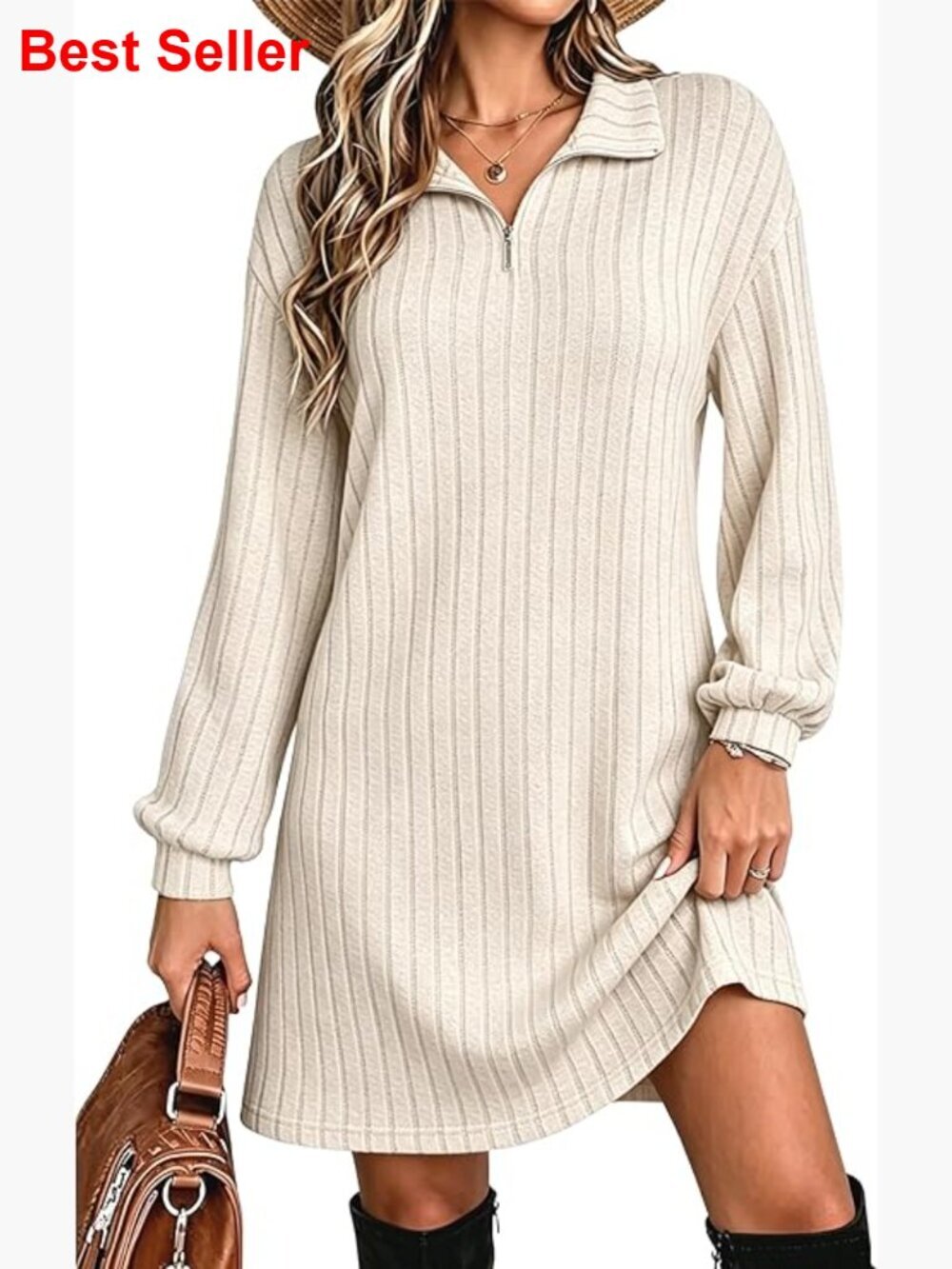 V Neck Ribbed Knit Long Sleeve Sweater Dress with Zippers